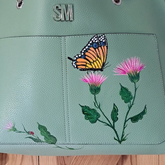 SOLD Hand Painted Upcycled Faux Leather Vegan Tote NWT Butterfly - Picture 3 of 16